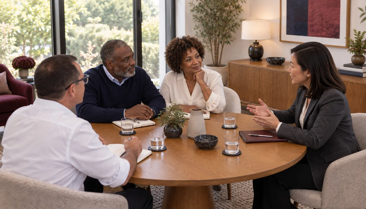 An advisory conversation around a table: Tino Dietrich with a couple and a colleague